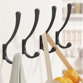 6 Pack Wall Mounted Coat Hooks, Aluminum Heavy Duty Coat Rack, Wall Hooks for Hanging Clothes Bags Towels Hats Keys, Screw in Wall Hooks, Black