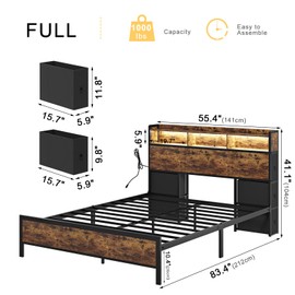 HAUSOURCE Full Bed Frame with Bookcase Headboard and 6 Headboard Storage Drawers LED Lights Metal Platform Non-Slip Without Noise Metal Slats Support No Box Spring Needed