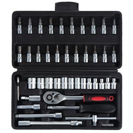 WiMas 46PCS Socket Wrench Set, Ratchet Socket Set, Metric Drive Socket Wrench Ratchet Tools Kit, Screwdriver Bits Auto Vehicle Repair Tool 1/4 Inch (Black)