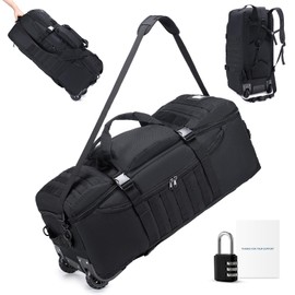 SUCIKORIO Tactical Travel Duffle Bag with Wheels and Handle 3 in 1 Large 85L XL Rolling Travelling Backpack Waterproof Oxford Carry On Hand Luggage Deployment Bags with Combination Padlock, Black