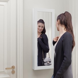 GLSCASA Slim 180° Swivel Ironing Board Cabinet with Magnetic Door, Foldable Wall Mount Ironing Board Cabinet with Storage, Wall Hanging Ironing Cabinet with Mirror, White