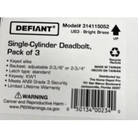 Schlage 3 Pack Defiant Single-Cylinder Deadbolt Bright Brass Finish Keyed Alike