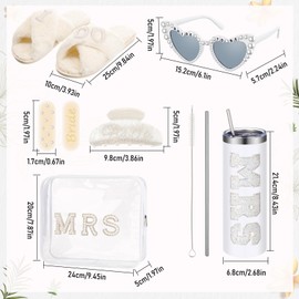 Shyyween 9 Pcs Bride to Be Gifts Set Include 20 oz Stainless Steel Tumbler, I Do Slippers, Makeup Bag, Claw Clip, Heart Sunglasses, 4 Tiny Hair Clip for Wedding Bridal Shower Bachelorette Party(White)