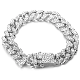 HALUKAKAH Diamond Cuban Link Chain for Kid,14MM Boy's Platinum White Gold Plated Bracelet 18cm,Lab Diamonds Prong Set 8-15 Y/O. Free Giftbox
