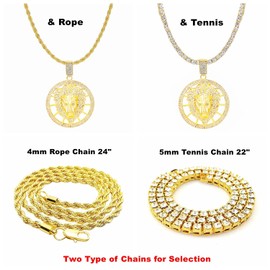 HH BLING EMPIRE 14k Gold Silver Plated Hip Hop Rapper Pendant Chain Necklace for Men, Iced Out Diamond King Lion Pendant with 5mm Tennis Chains 22 Inch (Lion-Gold,& Tennis)