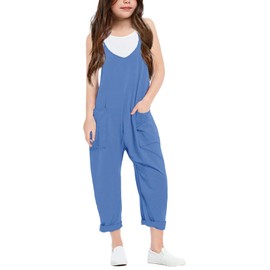 Cnkwei Girls' Casual Sleeveless Jumpsuits Spaghetti Strap Loose Romper Long Pants with Pockets