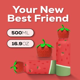 SIPPYBUDS Meet the Strawberry Delight Water Bottle - Insulated with Strawberry Design for Enthusiasts - Stainless Steel Water Bottle with Leak Proof Design - 16oz