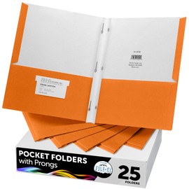FILE-EZ Two-Pocket Folders with 3-Prong Fasteners, Orange Color, 25-Pack, Durable Textured Paper, Matte Finish, Letter Sheet Size (EZ-92565)