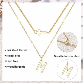 Dochais Layered Gold Necklaces for Women Trendy Dainty Cross Choker Necklace 14k Gold Plated Stack Initial Statement Pendant Chain Necklace Letter M