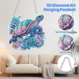 MOGTAA 5D Turtle Diamond Painting Pendant, Animals Diamond Painting with Chain Children Adults Diamond Painting Window Pictures Hanging Ornament Craft Set for Wall Decor