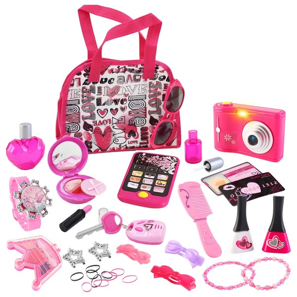 deAO Kids Makeup Sets for Girls, Children Pretend Makeup Sets, Vanity Handbag Beauty Set for Girls Including toy Camera and Toy Phone, Kids Toys Christmas Birthday Gifts for 3 4 5 6 7 8 Year Old Girl