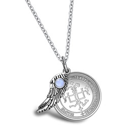 Archangel Gabriel Sigil from The Ancient Book of King Solomon - St Gabriel Necklace - Blessings Prayer Included - Angel Wing Pendant - Miraculous Medal - Guardian Amulet - Sky Blue Crystal