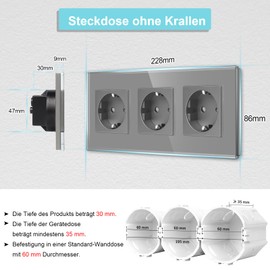 CNBINGO Glass Triple Socket Flush-Mounted in Grey - Triple Schuko Socket with Child Lock - 16 Amp Protective Contact Wall Socket with Glass Frame
