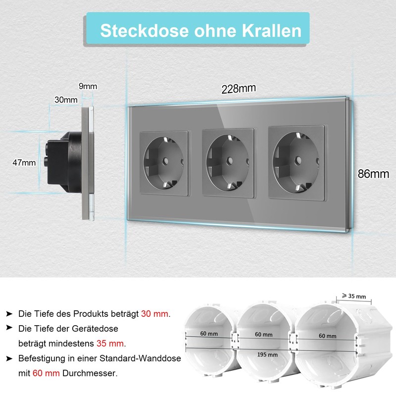 CNBINGO Glass Triple Socket Flush-Mounted in Grey - Triple Schuko