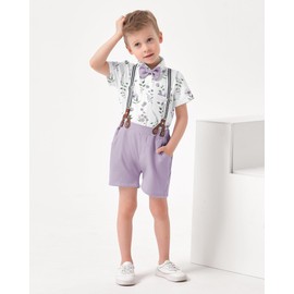 YUEMION Baby Boy Clothes Suits, Toddler Summer Formal Short Shirt+ Bowtie+ Suspender Shorts Gentleman Wedding Outfit(Purple + flowers, 12-18 Months)