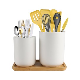 Yomjarl 2 Pack Utensil Holder,Ceramic Utensil Caddy for Kitchen Counter with Bamboo Tray,Kitchen Countertop Essentials Decor Cooking Cutlery Flatware Holder Organizer for Spoons, Knives and Forks