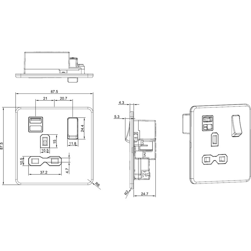 Screwless Single Switched Socket with Dual USB Charger in Polished