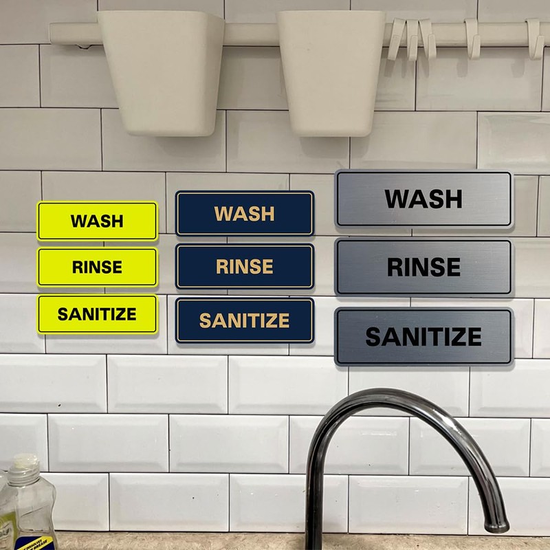 Señal de lavado estándar SANITIZE (paquete de 3), Brushed Silver,