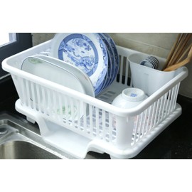 Heavy Duty 2-Piece Plastic Dish Drying Rack Set in White - Includes Large Dish Drainer, Attached Drainboard, and Utensil Cup Holders for Home Kitchen Countertop Organization