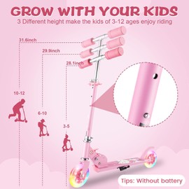 Scooters for Kids 3-12, Lightweight Foldable Design,3-Level Adjustable Height,Smooth & Quiet Ride,Gift for Girls Boys Indoor Outdoor (Pink)