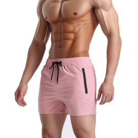 LINMYZAI - Traje de baño delgado de 5 pulgadas, forro de malla con bolsillos con cierre, traje de baño de secado rápido para hombres, XS-2XL, Rosado, XX-Large