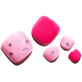 GLAMERMAID Press on Toenails, Spring Summer Handmade Glitter Pink Star Gel Glue on Toe Nails, 24Pcs Glossy Toe Nails Reusable UV Finish Fake Nails Acrylic False Nails Manicure Kits for Women