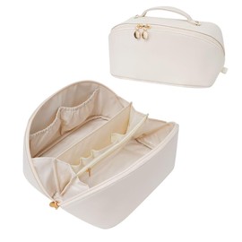 ETTP Large Capacity Cosmetic Bag for Women, Waterproof PU Leather Makeup Bag for Travel,Toiletry Bag Make up Organizer with Divider and Handle (White)