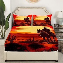 Retro Farmhouse Western Fitted Sheet Queen,Vintage Cowboy Horse Graffiti Bed Sheet 3 Pieces Fits Mattress,Watercolor Sunset Outdor Landscape Decor Fabric Bedding All-Round Elastic Pocket