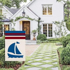Xihomeli Hello Summer Sea Polyester Burlap 12.5x18 Inch Garden Flag Blue Sailboat Vertical Double Sided Marine Nautical Red Small Garden Flags for Yard Outdoor Decor (Blue Sailboat, 12.5x18)