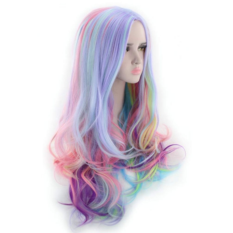 Lurrose Wig Long Wavy Rainbow Colours Curly Wig for Festivals