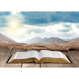 Loccor 8x6ft Fabric Holy Bible Backdrop Sunrise Mountain Sky View with Open Bible on Wooden Board Photography Background Easter Resurrection of Jesus Christ Backdrop Church Christian Display Supplies