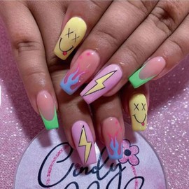 Ceboic Glue-On Nails, Colourful French Artificial Nails, Coffin Artificial Nails, Press On Nails with Flames, Smiley, 24 Pieces, Ballerina Acrylic Nails, False Nails for Women and Girls
