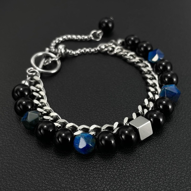 Rockyu Men's Bracelet, Stylish, Double Chain, Stainless Steel, Natural Stone,