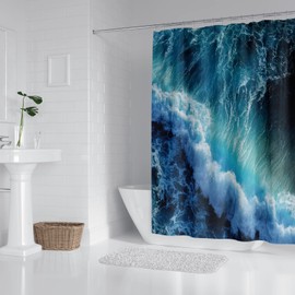 Shower Curtain Blue Mould Proof Resistant Waterproof 3D Ocean Waves Bathroom Curtains with 12 hooks Quick-Drying Weighted 180x180cm (71x71Inch) Polyester Shower Curtains for Bathroom Wet Room Tub