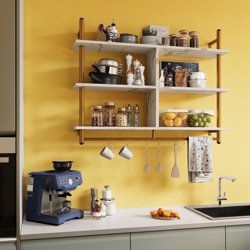 Bestier Kitchen Shelves Wall Mounted Floating Pipe Shelving 3 Tier