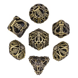 Cusdie 7-Die Metal Dice Set - Hollow Design with Bells - Crisp Sounding Gaming Dice in Tin Box - Perfect for Tabletop RPGs & Board Games(Ancient Bronze)