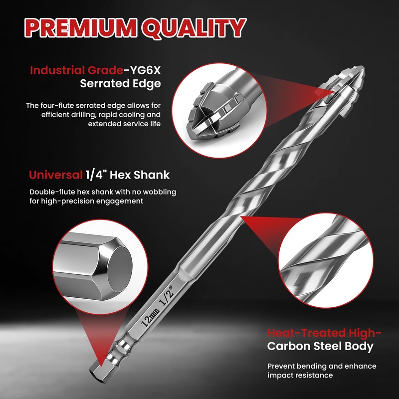 REKCKRUL Upgraded Premium Masonry Drill Bit Set 6" (152mm) Length
