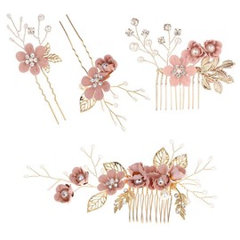 KOMUNJ Pack of 4 Hair Combs Wedding Bridal Hair Accessories Wedding Hair Combs Pearl Flower Bridal Hair Accessories Rhinestone for Bride Bridesmaid - Pink Flower