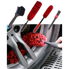 oesee Professional 4 Pack Long Handle Wheel Brush Kit for Cleaning Wheel and Tire- 2X Soft Wheel Cleaning Brush, Detailing Brush and Stiff Tire Brush, Bendable& Durable Wheel Rim Cleaner Brush Set