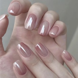 Chrome Press on Nails Short Square Fake Nails Pink Ombre Acrylic Nails with Glossy Shiny Glue on Nails Full Cover Gradient False Nail for Women and Girls Manicure Kit 15 Sizes 30 Pcs