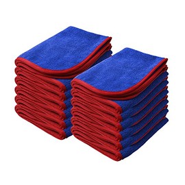 Nanoskin Power Shine Microfiber Towels, 12 Pack – 16" x 24", Blue with Red Silk Edge, 380 GSM, Ultra-Soft & Absorbent Cleaning Cloths for Cars, Detailing, Glass, and Home Use