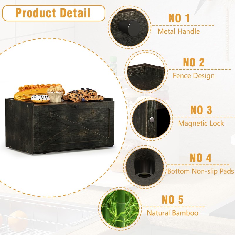 Trironsun Bamboo Bread Box for Kitchen Counter Farmhouse Bread Storage