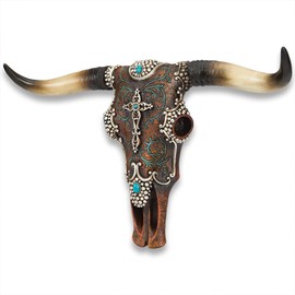 K EXCLUSIVE Bull Skull Decor | Realistic Bull Skull | Leather and Jewel Accents | Rustic Longhorn Design | Polyresin Construction | Easy Mounting Hook