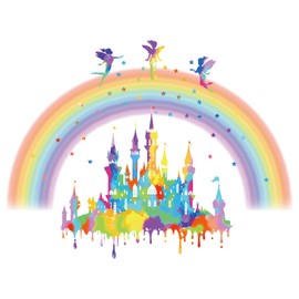 PLIGREAT Rainbow Castle Wall Decals, Colorful Fairy Princess Wall Stickers Removable Watercolor Stars Wall Decor Stickers Vinyl Peel and Stick Wall Decal for Bedroom Nursery Living Room