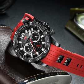 MF MINI FOCUS Men Watch, Chronograph Waterproof Sport Analog Quartz Watches Red Silicon Strap Fashion Wristwatch for Men