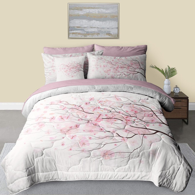 8PCS BlessLiving Pink Cherry Blossom Comforter Set Twin Size Soft