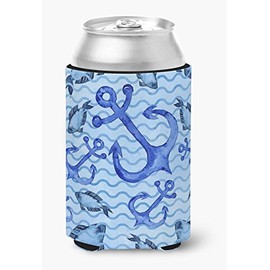 Caroline's Treasures BB7534CC Beach Watercolor Anchors and Fish Can or Bottle Hugger Cooler Washable Drink Sleeve Collapsible Beverage Insulated Holder, Can Hugger, Multicolor