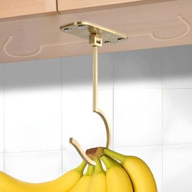 CAPHONT Banana Hook Under Cabinet, Foldable Metal Banana Hanger to Keep Bananas Fresh, Banana Holder Under Cabinet for Bananas or Other Kitchen Items (Gold)