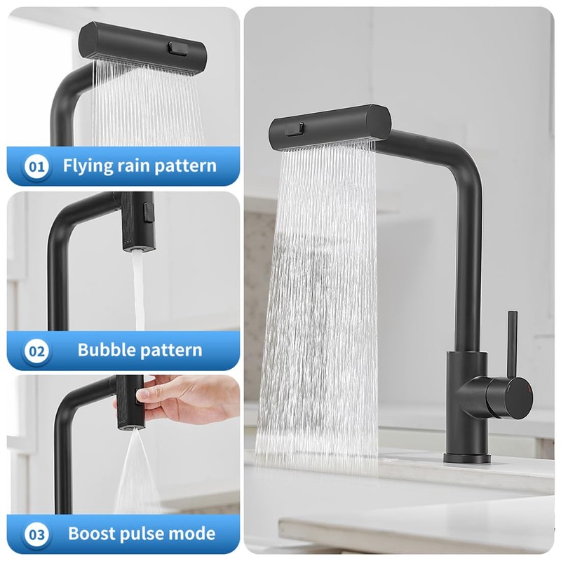 OWOFAN Kitchen Faucet with Pull Down Sprayer Black Waterfall Single