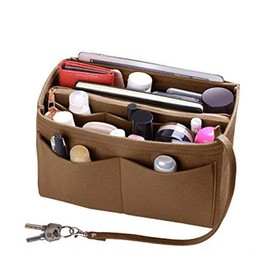 SUQ Handbag Organiser Insert Shaper, 2 in1 Bag Insert with Zipped Waterproof Pocket, Felt ​Bag Organize, Purse Organizer, Bag Pouch, Tote Tidy Organizer, Brown, Medium, 26 * 15 * 15